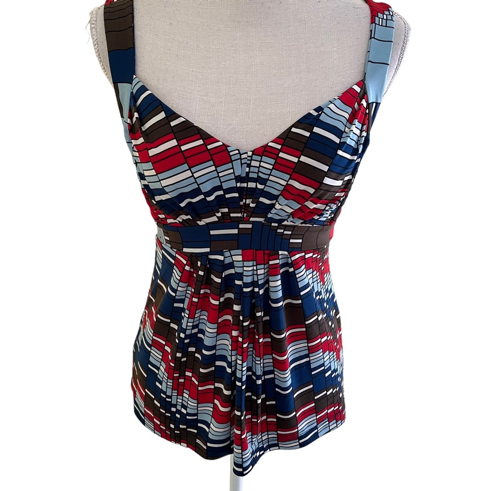 BCBG Maxazria Blue/Red/Brown Print Jersey Knit Pull On Top XS